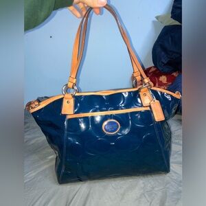 Coach Glossy Navy Patent Shoulder Tote with Tan Trim